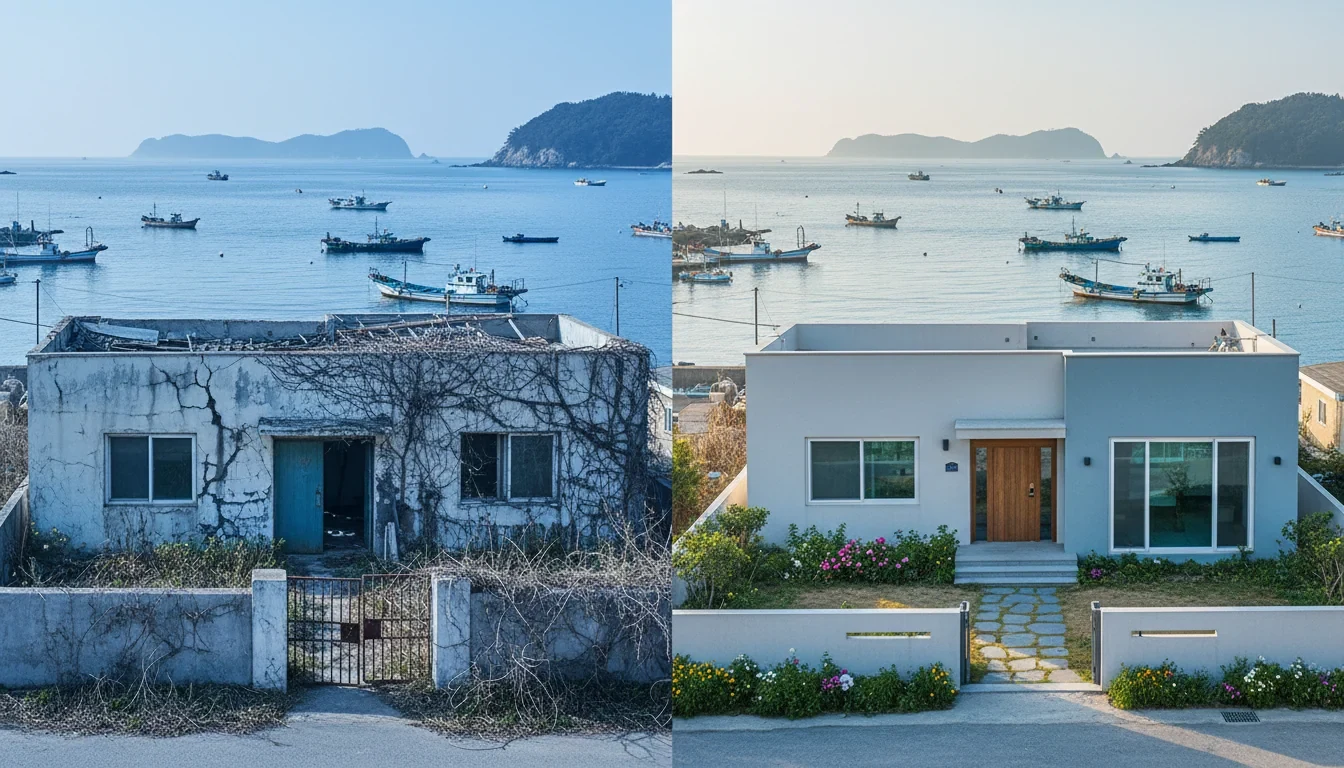 어촌마을 빈집이 리모델링되어 깔끔한 귀어인 주거공간으로 새단장된 전후 비교 모습