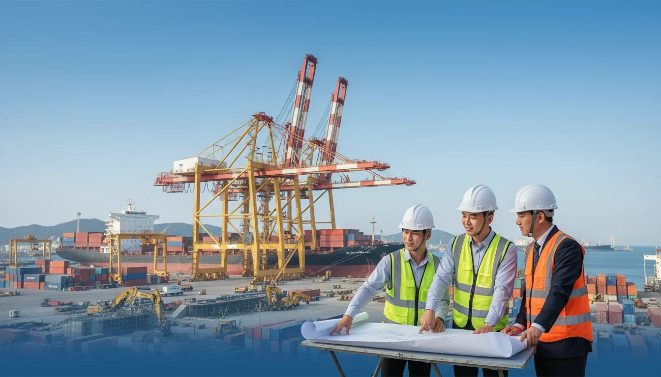 해외 항만 건설 현장에서 대형 크레인과 컨테이너선이 보이는 항구 전경