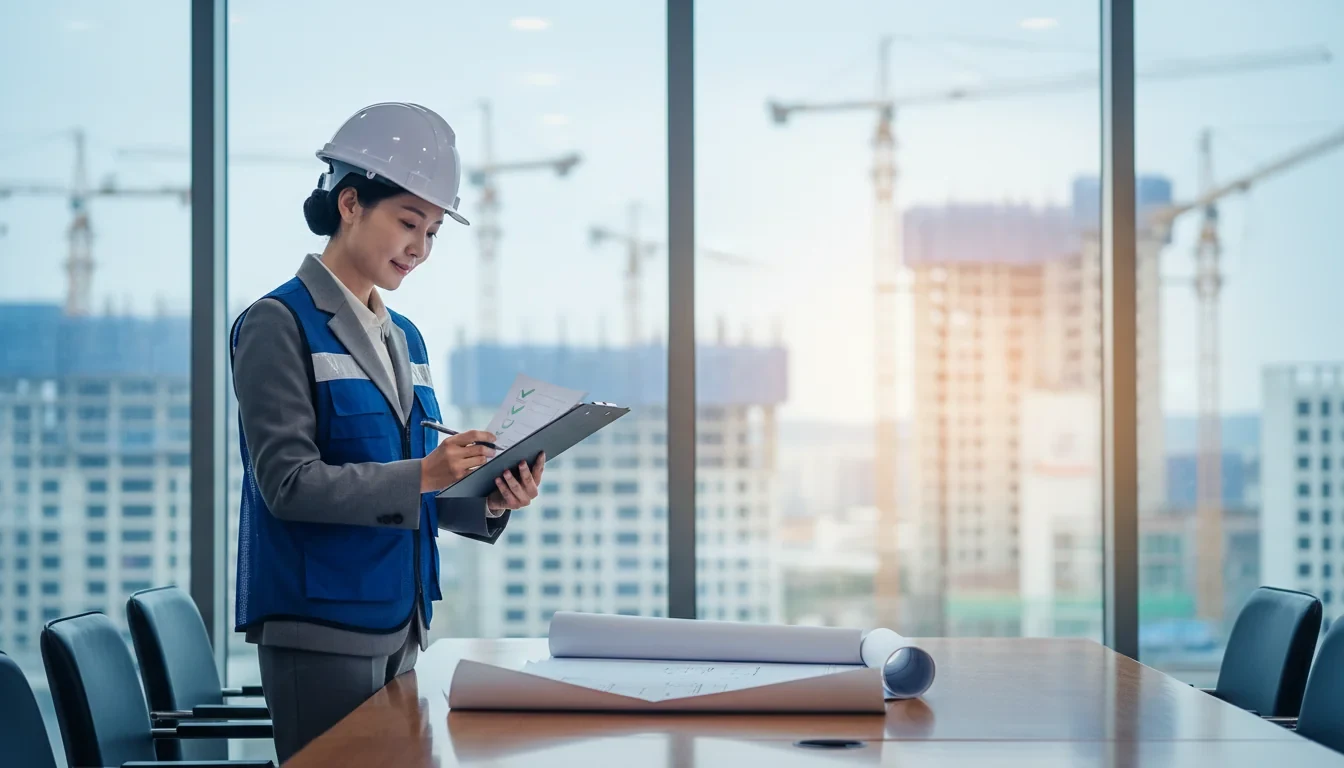 조달청 직원이 건설현장 사무실에서 건설업 등록기준 서류를 점검하며 입찰자격 사실조사를 진행하는 모습