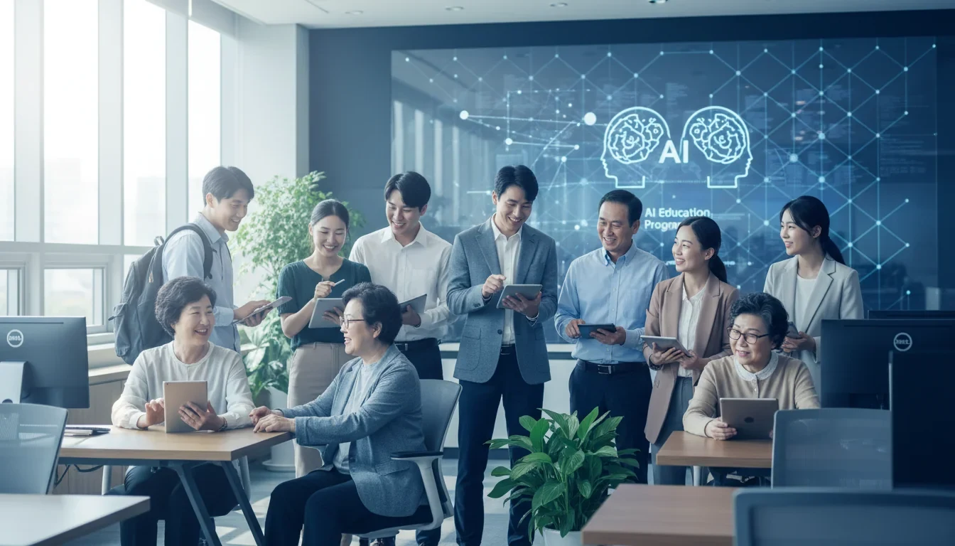 다양한 연령대의 사람들이 공공 교육센터에서 AI 도구를 배우고 있는 모습
