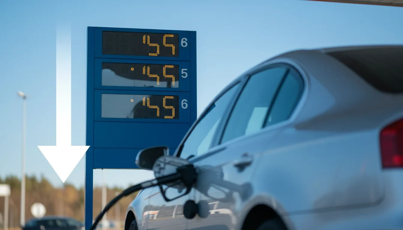 주유소에서 휘발유·경유·등유 가격이 인하된 전광판을 배경으로 차량에 주유하는 장면