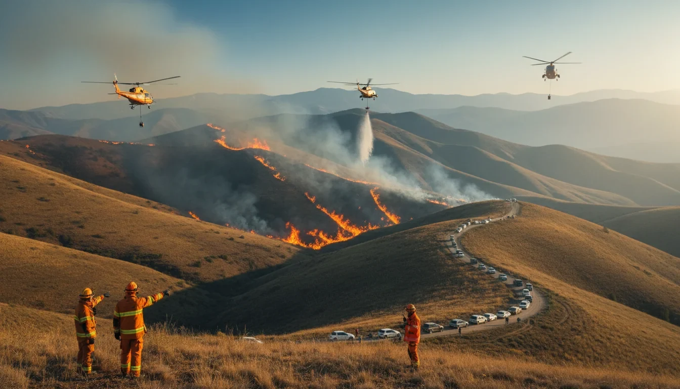 봄철 산에서 발생한 산불을 피해 낮은 자세로 대피하는 사람들과 소방 헬기가 진화하는 장면