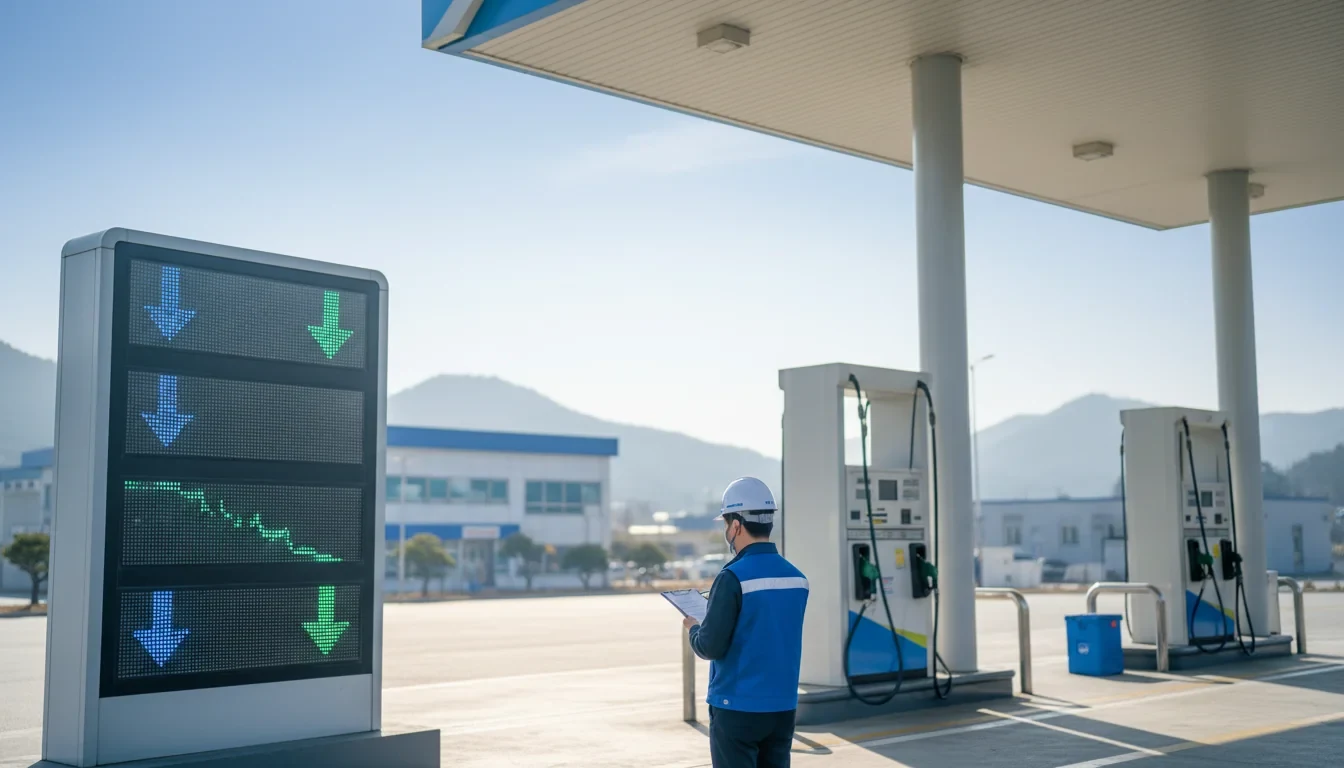 주유소 가격 게시판 앞에서 범부처 합동점검단이 석유 최고가격제 시행을 점검하는 모습