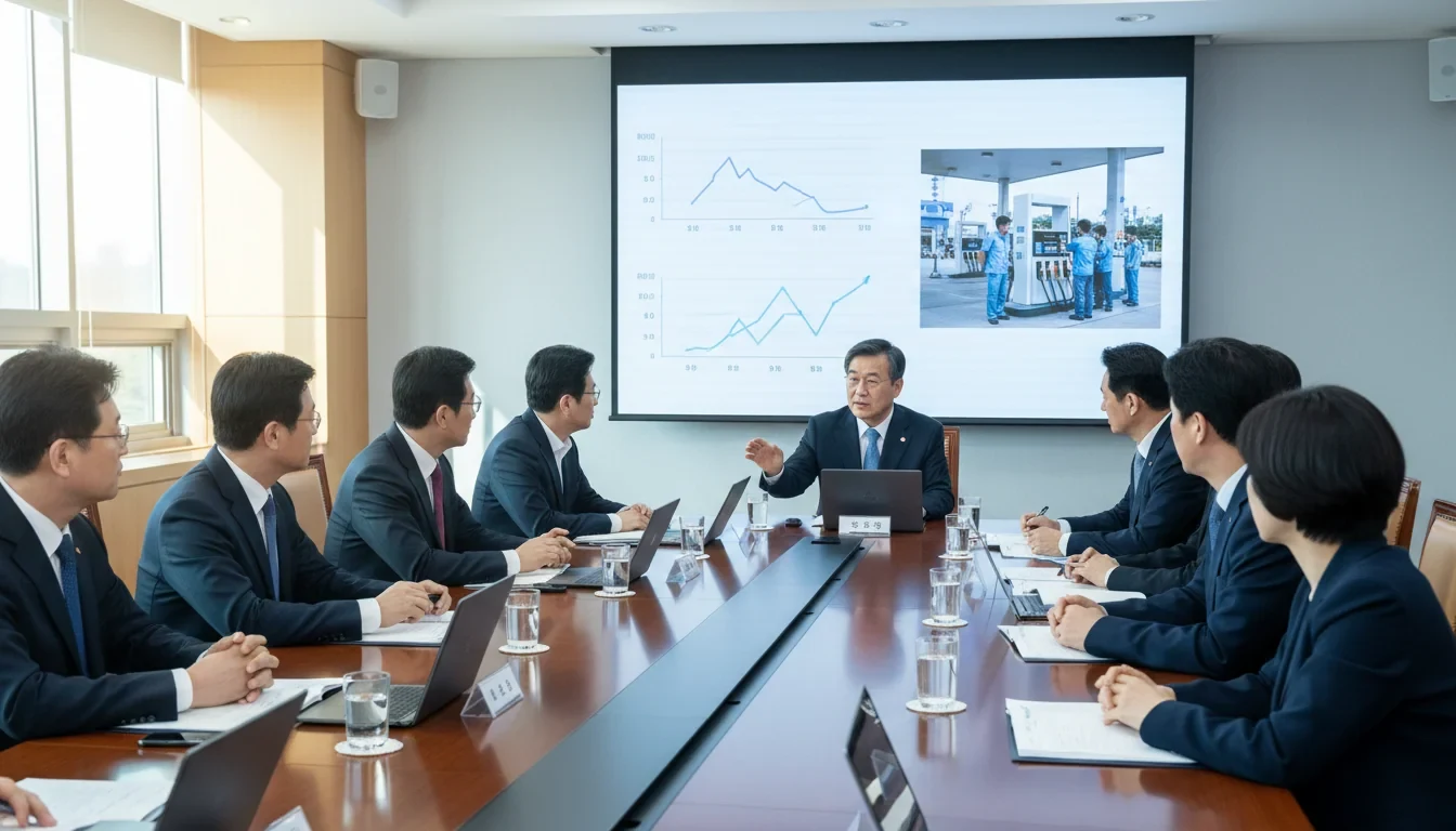 범부처 합동점검단 회의에서 석유 최고가격제 시행에 따른 불법 유통 단속 강화 방안을 논의하는 모습