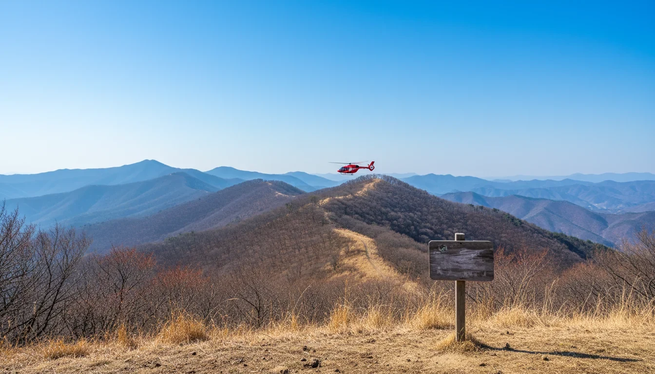 봄철 산림에서 산불 예방 단속을 실시하는 산림청 헬기와 진화 대원들의 모습