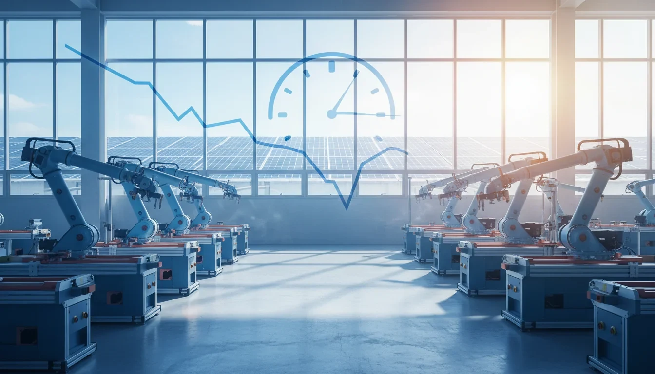 공장 생산라인 위로 전기요금 인하를 나타내는 하향 화살표와 시간대별 요금 차등 그래프가 표시된 산업용 전기요금 개편 안내 이미지