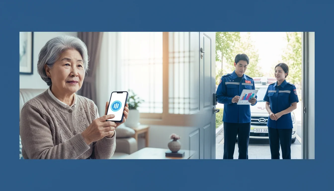 119 안심콜 서비스에 등록된 독거노인이 신고 시 구급대원이 사전 정보를 확인하며 출동하는 모습