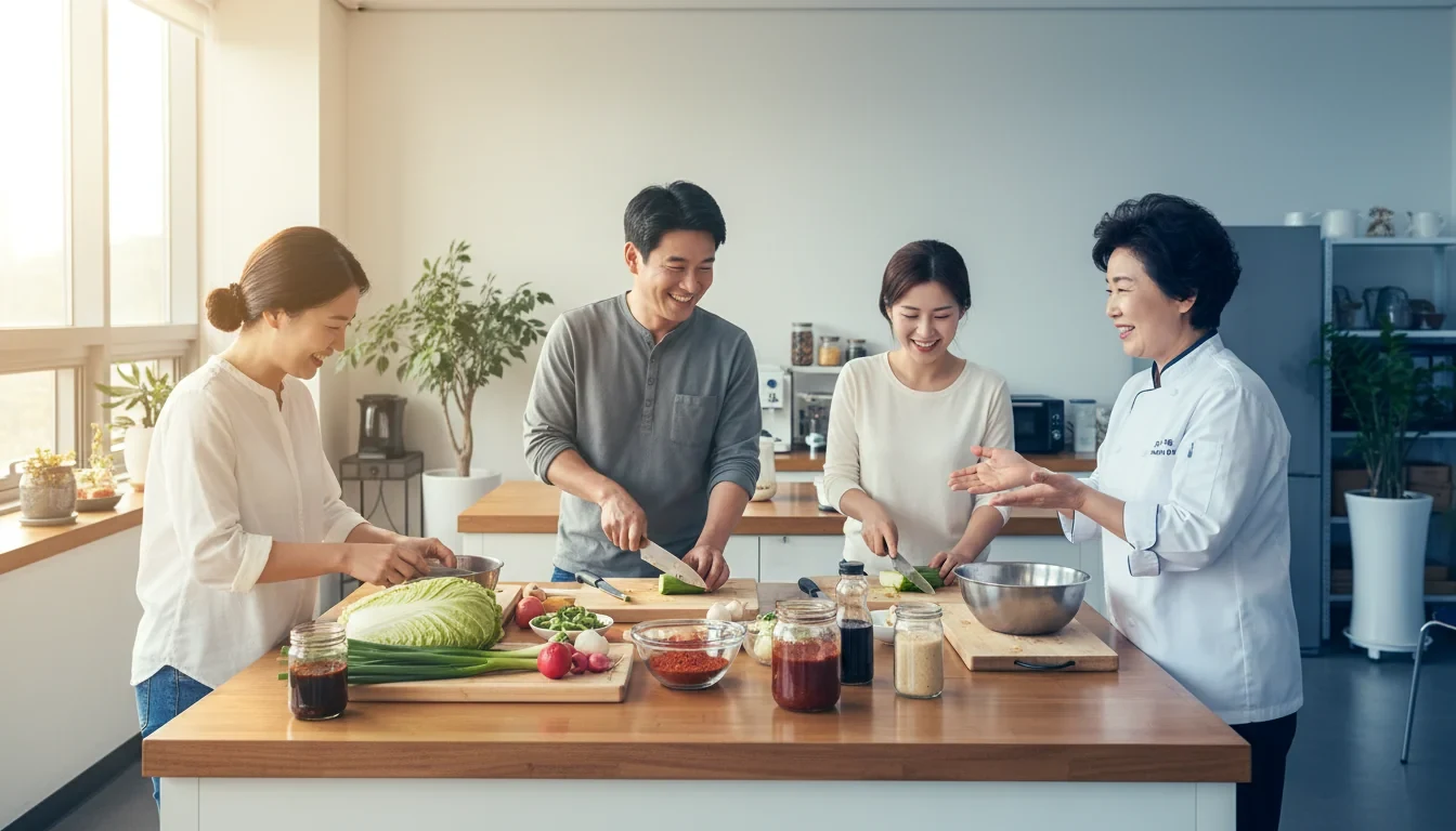 가족센터에서 1인 가구 참여자들이 함께 요리 프로그램에 참여하며 건강 밥상을 만들고 있는 모습