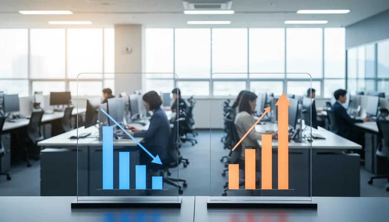 2026년 2월 구직급여 신규신청자 감소와 고용보험 가입자 증가 추이를 보여주는 고용시장 통계 그래프