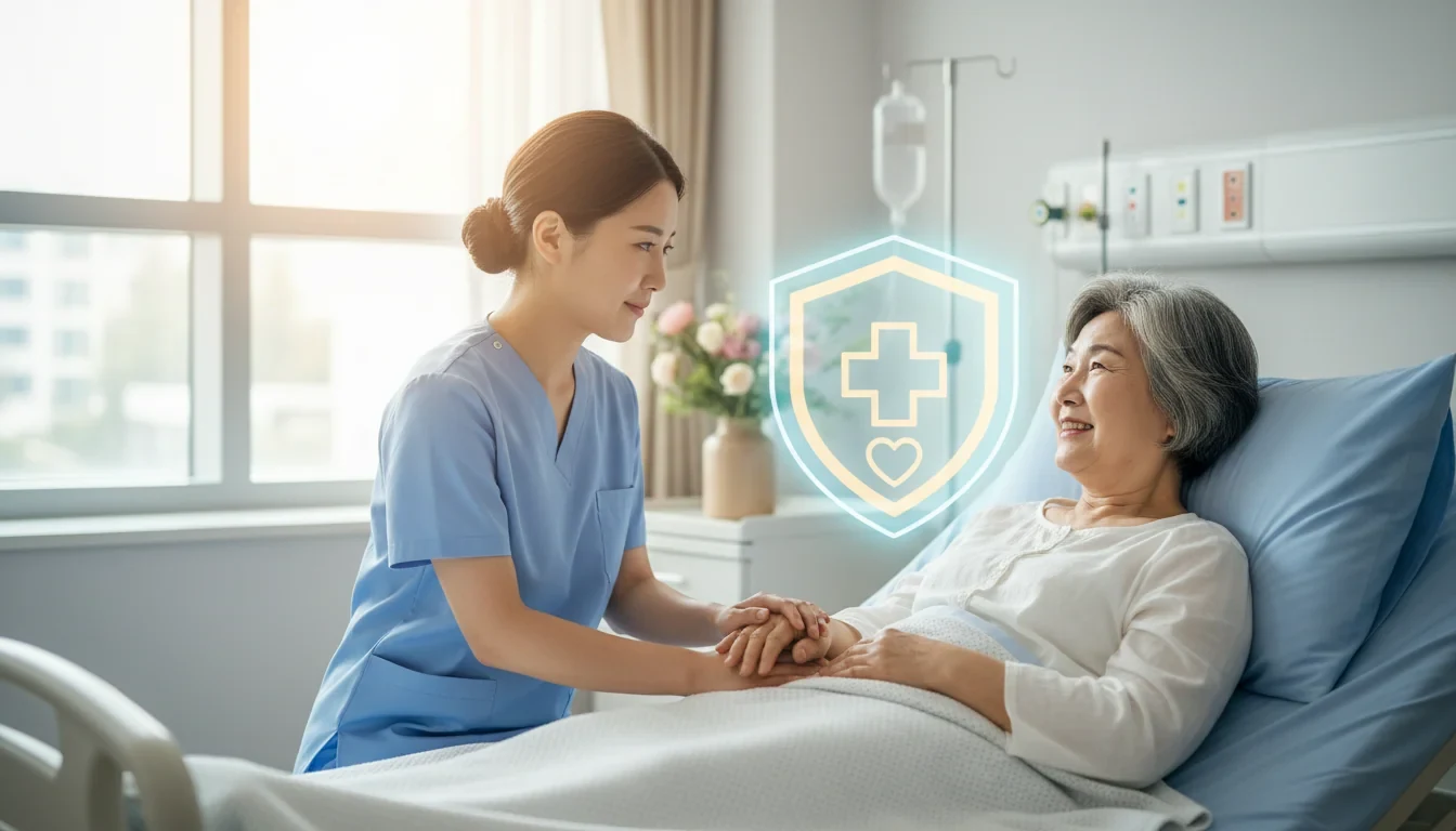 병원 침대에서 간호사가 노인 환자를 돌보는 모습과 건강보험 적용을 상징하는 보호 아이콘