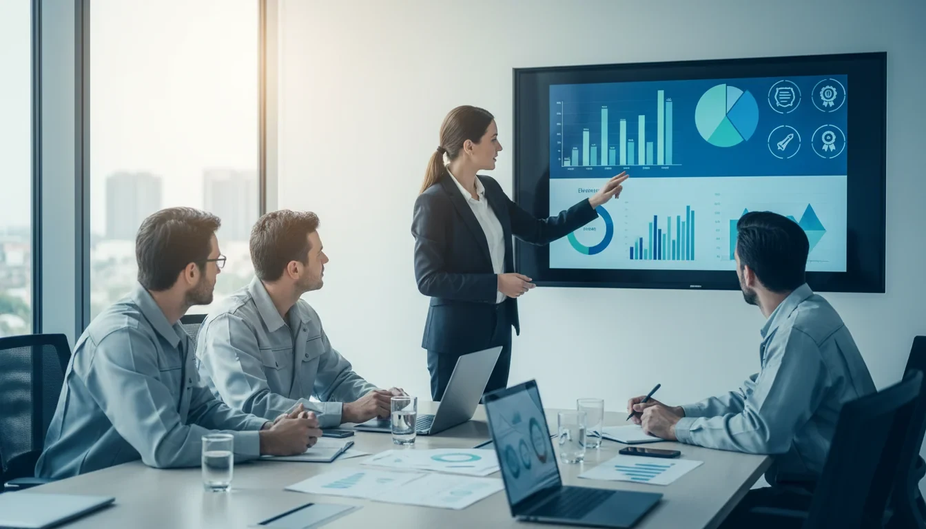 중소기업 담당자가 환경 컨설턴트와 함께 공장 현장에서 환경정보 데이터를 점검하는 모습