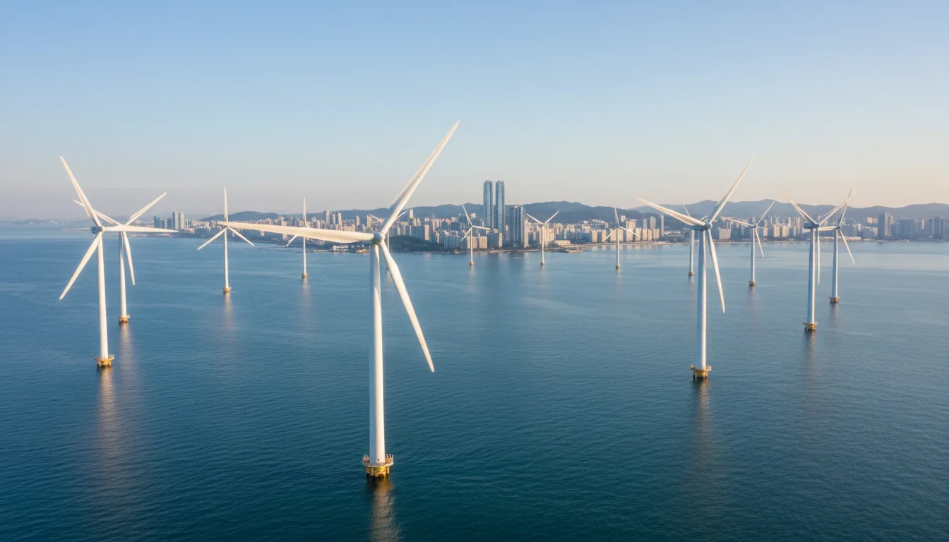 해상에 대형 풍력발전기 여러 기가 설치된 해상풍력 집적화단지 전경