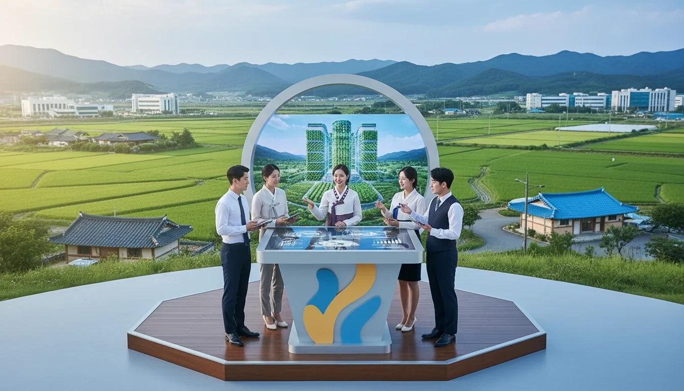 농촌 들판을 배경으로 젊은 창업자들이 사업 아이디어를 발표하는 경진대회 현장