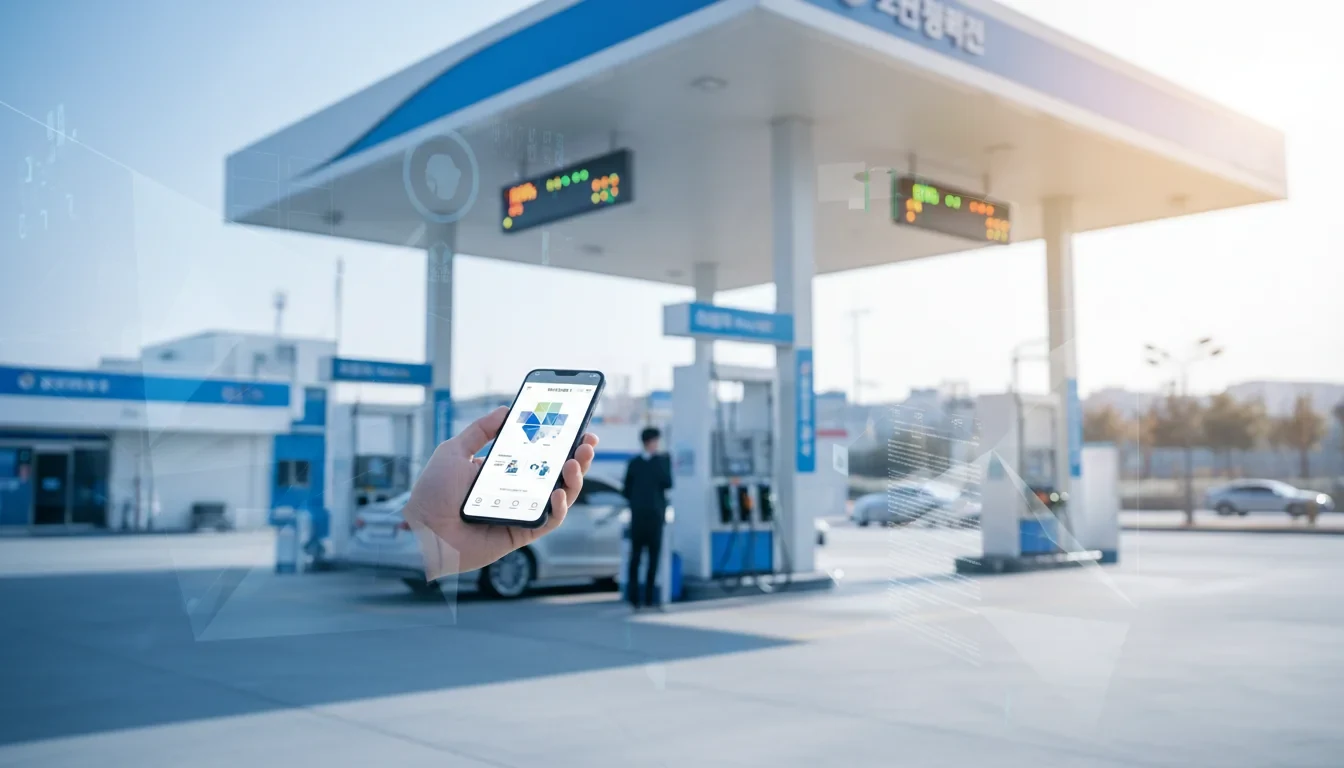 전국 주유소 가격표와 오피넷 앱 화면이 함께 보이는 주유소 풍경