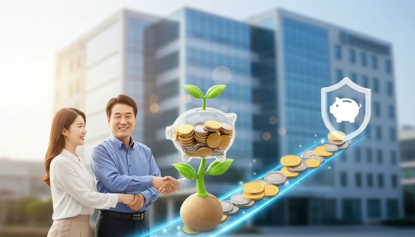 근로복지공단 직원이 중소기업 사업주에게 푸른씨앗 퇴직연금기금 지원금 안내서를 설명하는 상담 장면