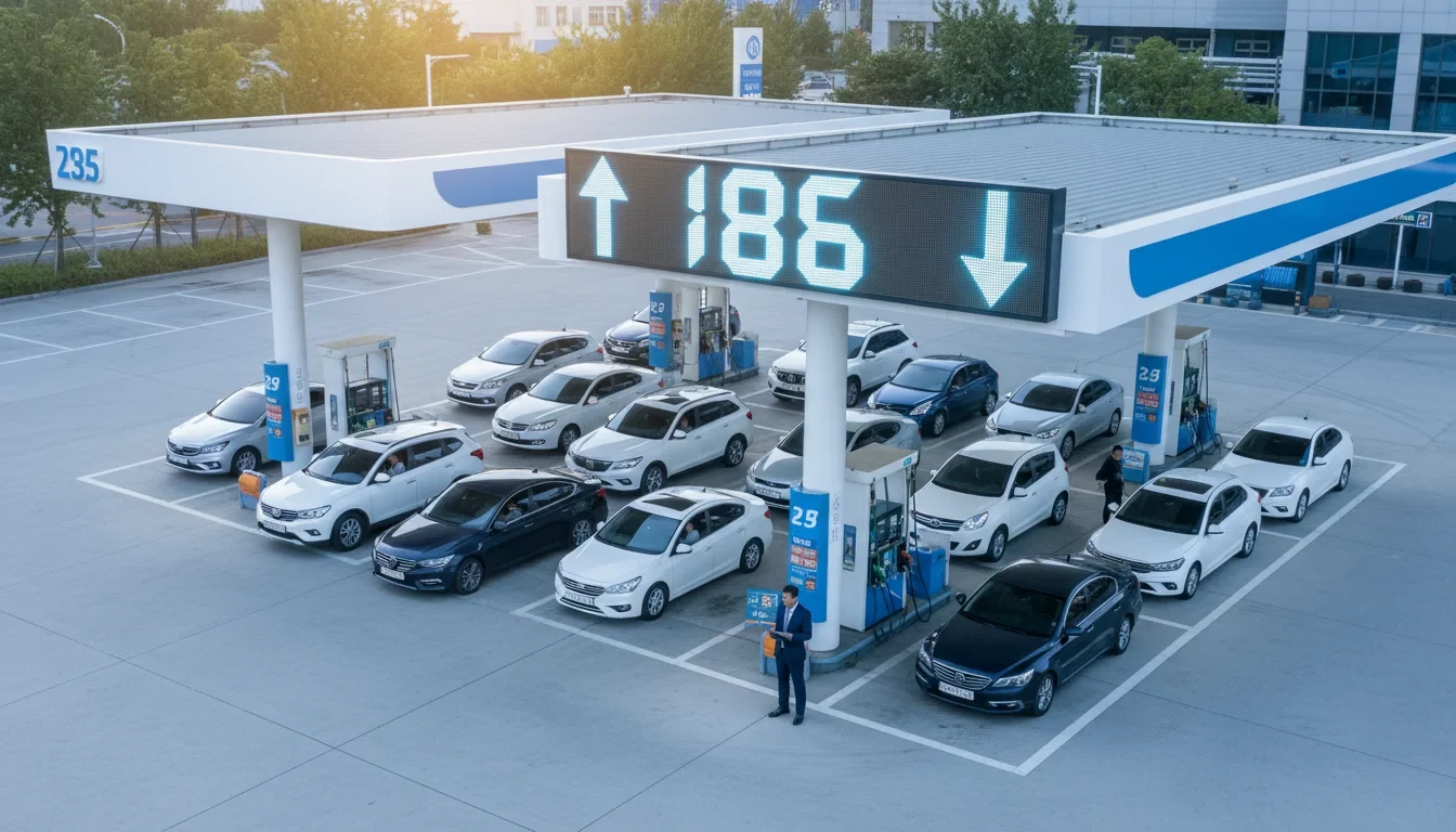 산업통상부 장관과 에너지·석유시장감시단 대표가 간담회에서 오피넷 주유소 가격 데이터를 점검하는 모습