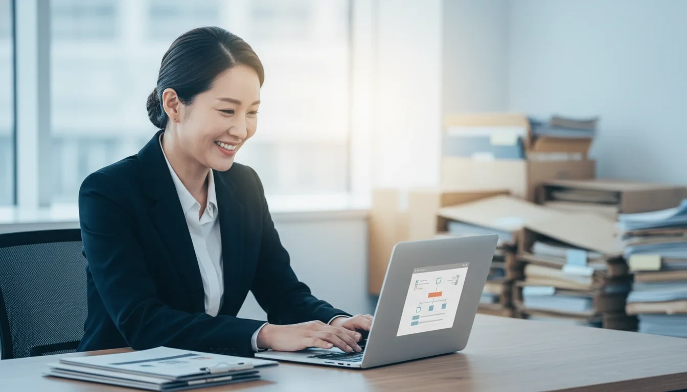 중소기업 사업주가 간소화된 서류로 통합 플랫폼에서 지원사업을 신청하는 장면