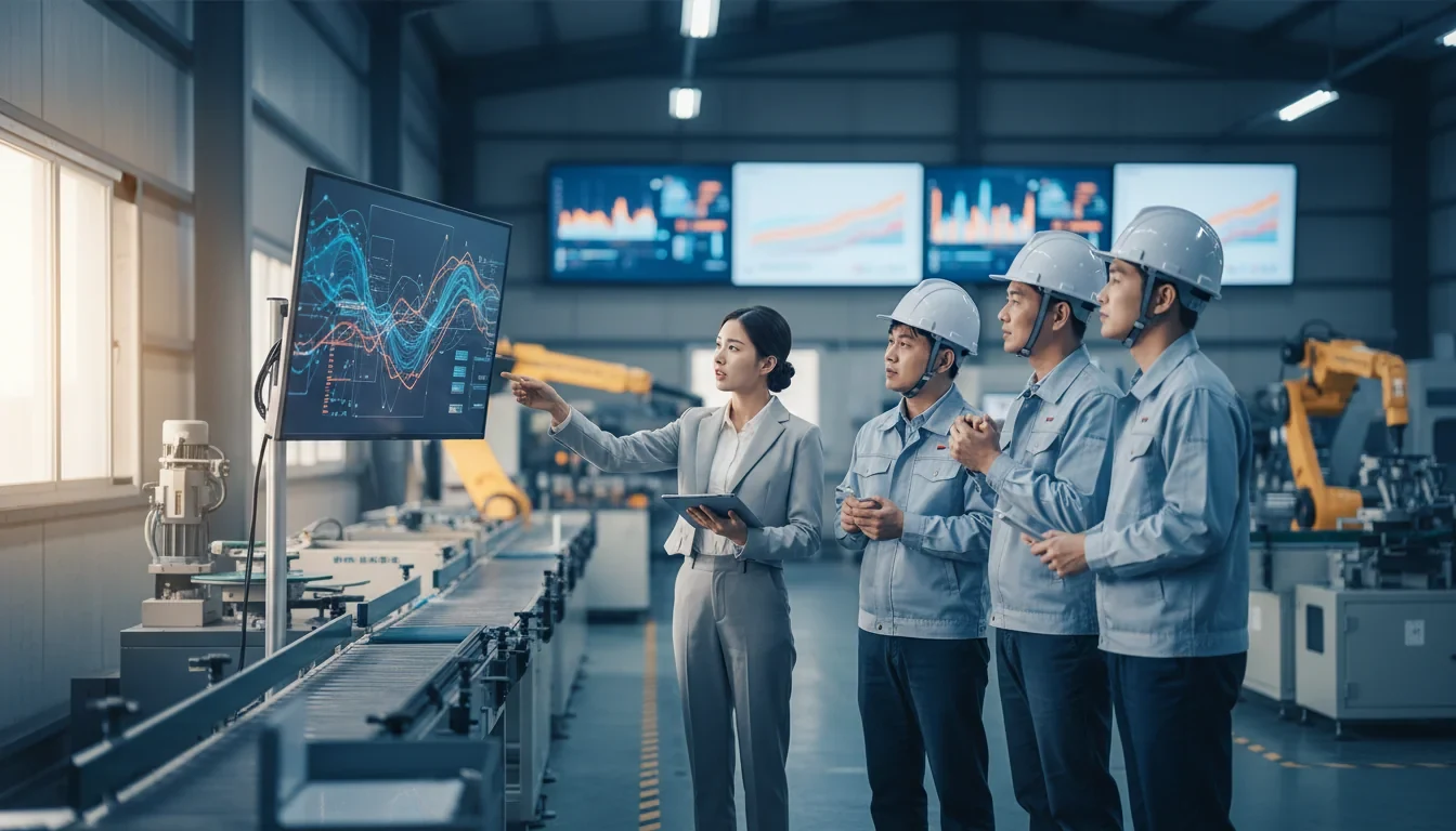 AI 솔루션 전문가가 중소기업 제조 현장을 방문하여 근로자들에게 인공지능 활용 직무훈련을 진행하는 모습