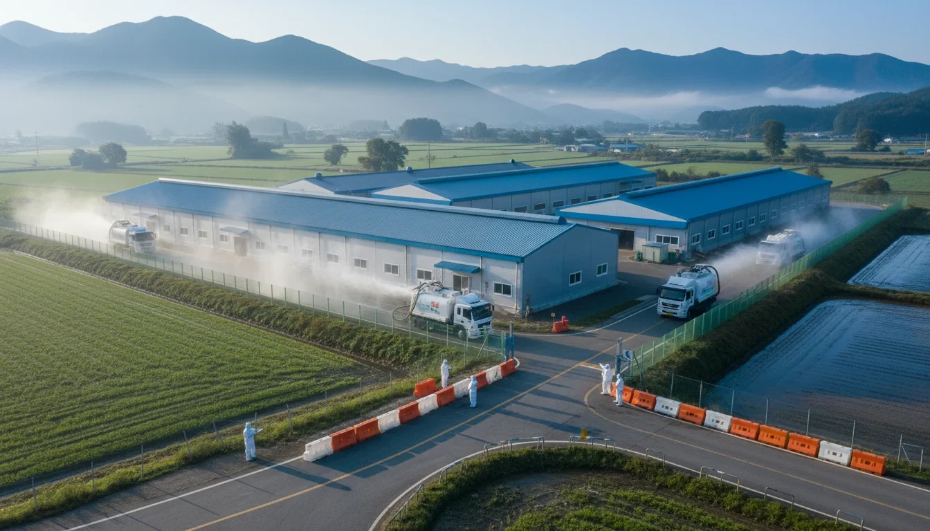 경남 산청 돼지 농장 입구에서 방역복을 입은 관계자들이 차량 소독을 실시하는 긴급 방역 현장