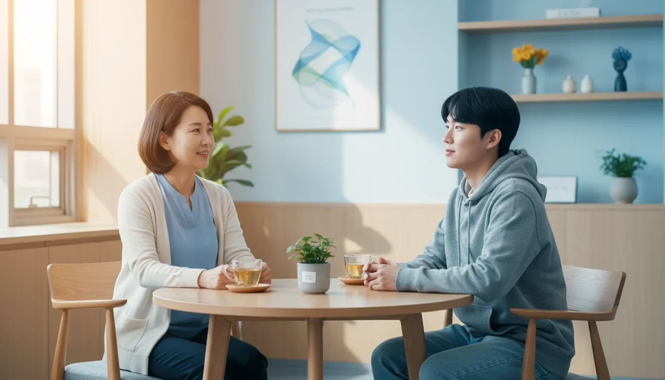 응급실에서 자살시도자 사후관리 상담을 진행하는 사례관리자와 환자의 모습