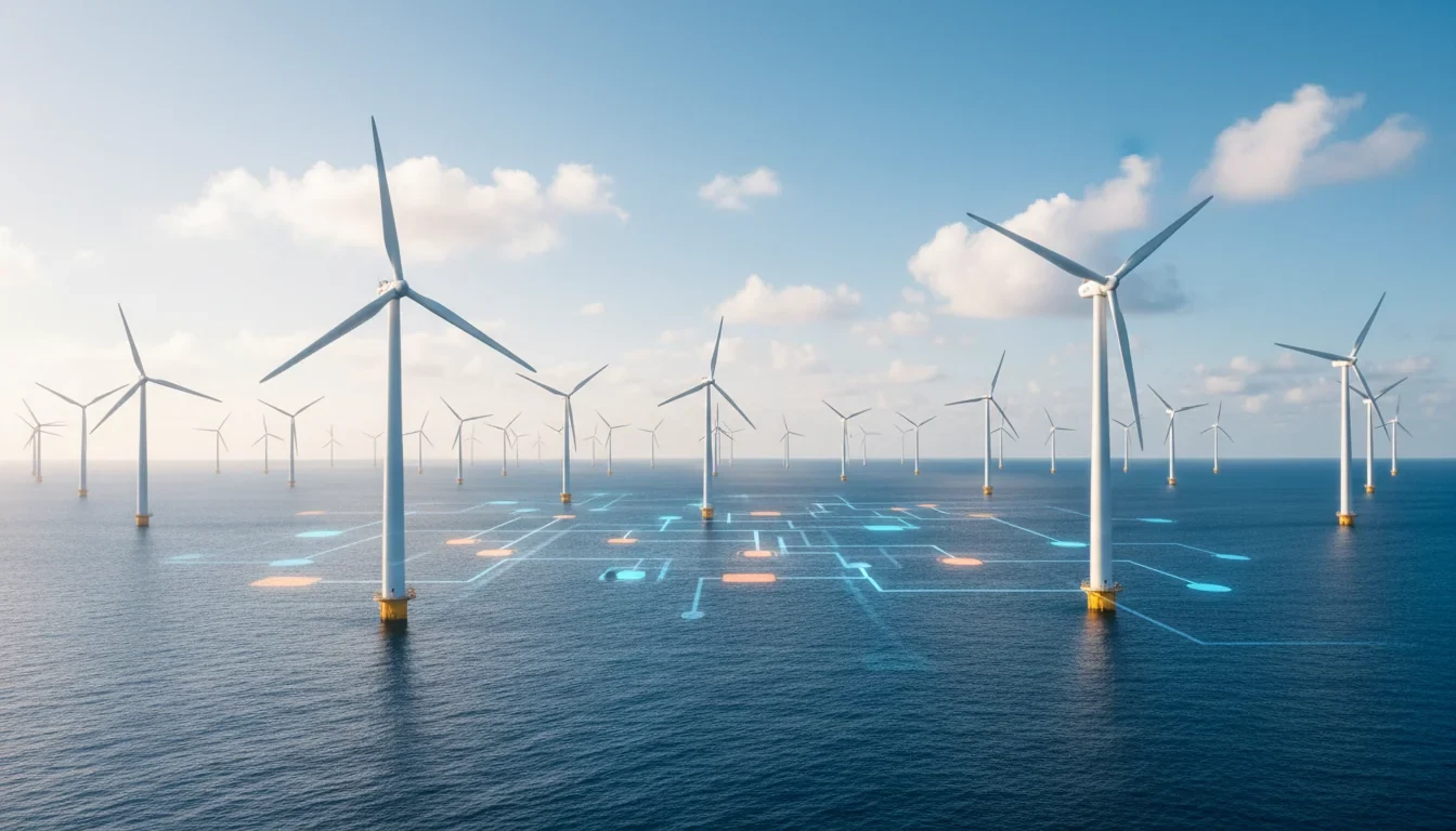 넓은 바다 위에 대형 해상풍력 발전기가 줄지어 설치된 모습과 정부 계획입지 절차를 상징하는 장면