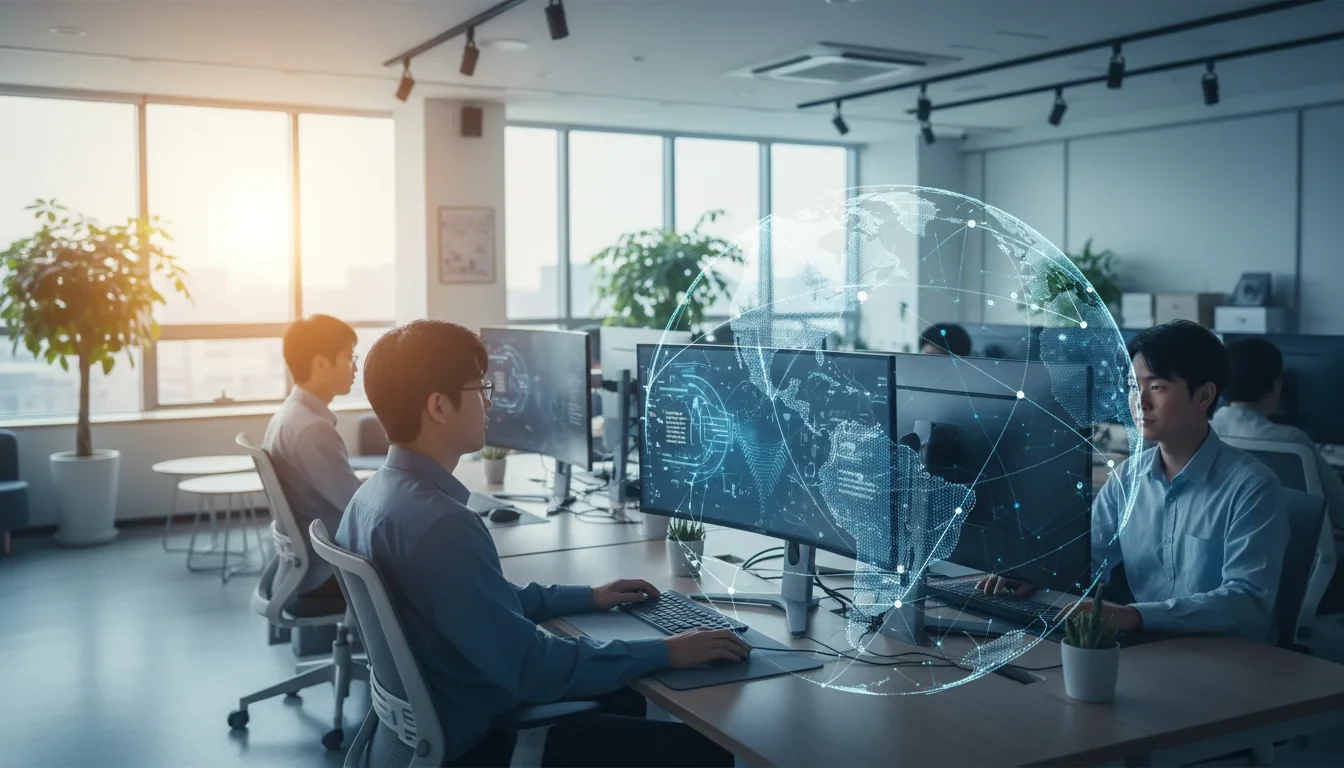 과학기술정보통신부 디지털콘텐츠 기업경쟁력 강화 사업 공모 안내 포스터와 AI 기술을 활용한 해외 진출 기업 이미지