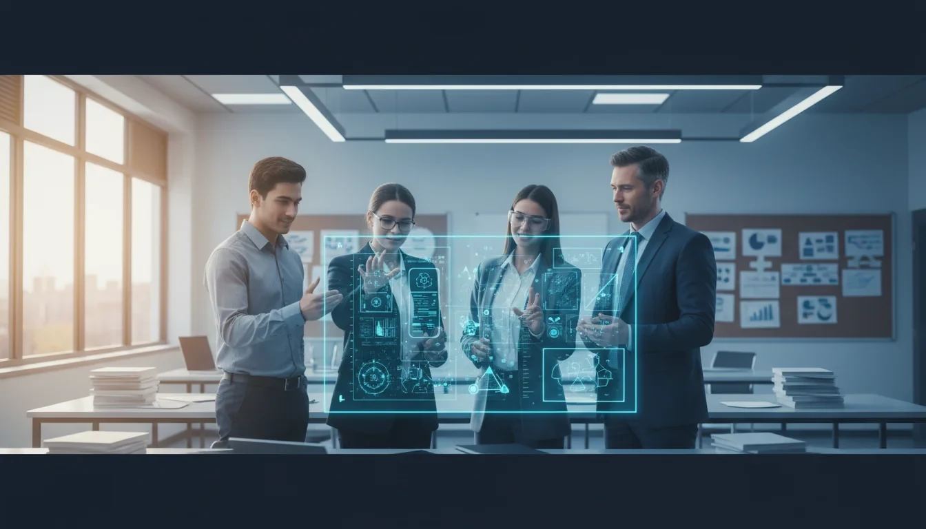 대학원생들이 AI 기술 프레젠테이션을 하며 벤처캐피탈 멘토에게 창업 피칭을 진행하는 장면