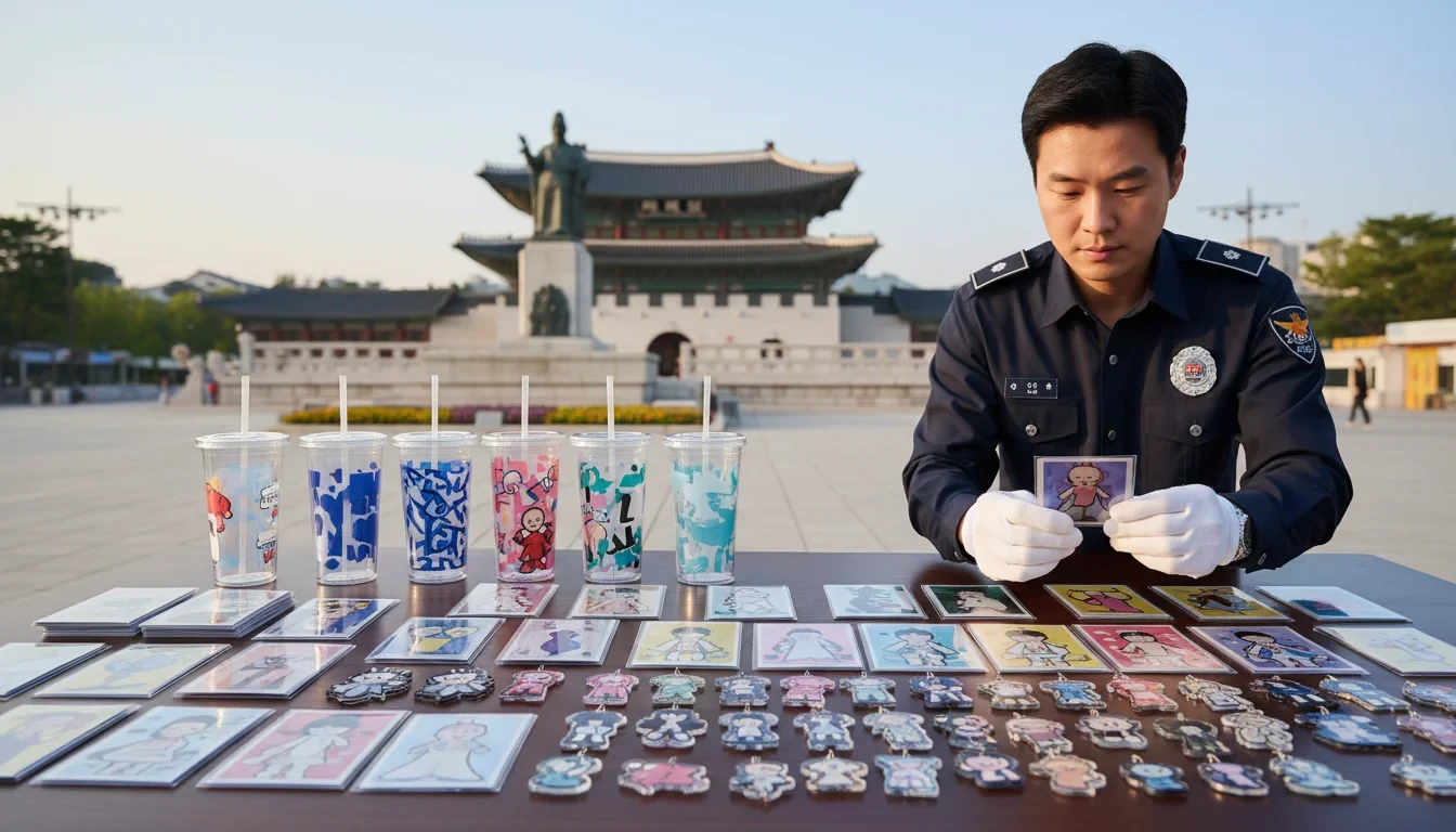 서울 광화문 광장 인근에서 상표경찰이 불법 K-팝 아이돌 굿즈를 압수하고 있는 단속 현장