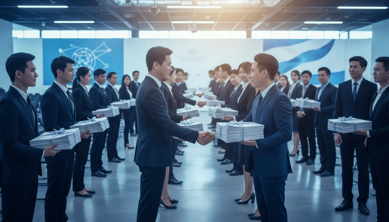 산업통상자원부와 포스코그룹 기술나눔 행사에서 중소기업 관계자들이 기술 이전 협약서에 서명하는 모습