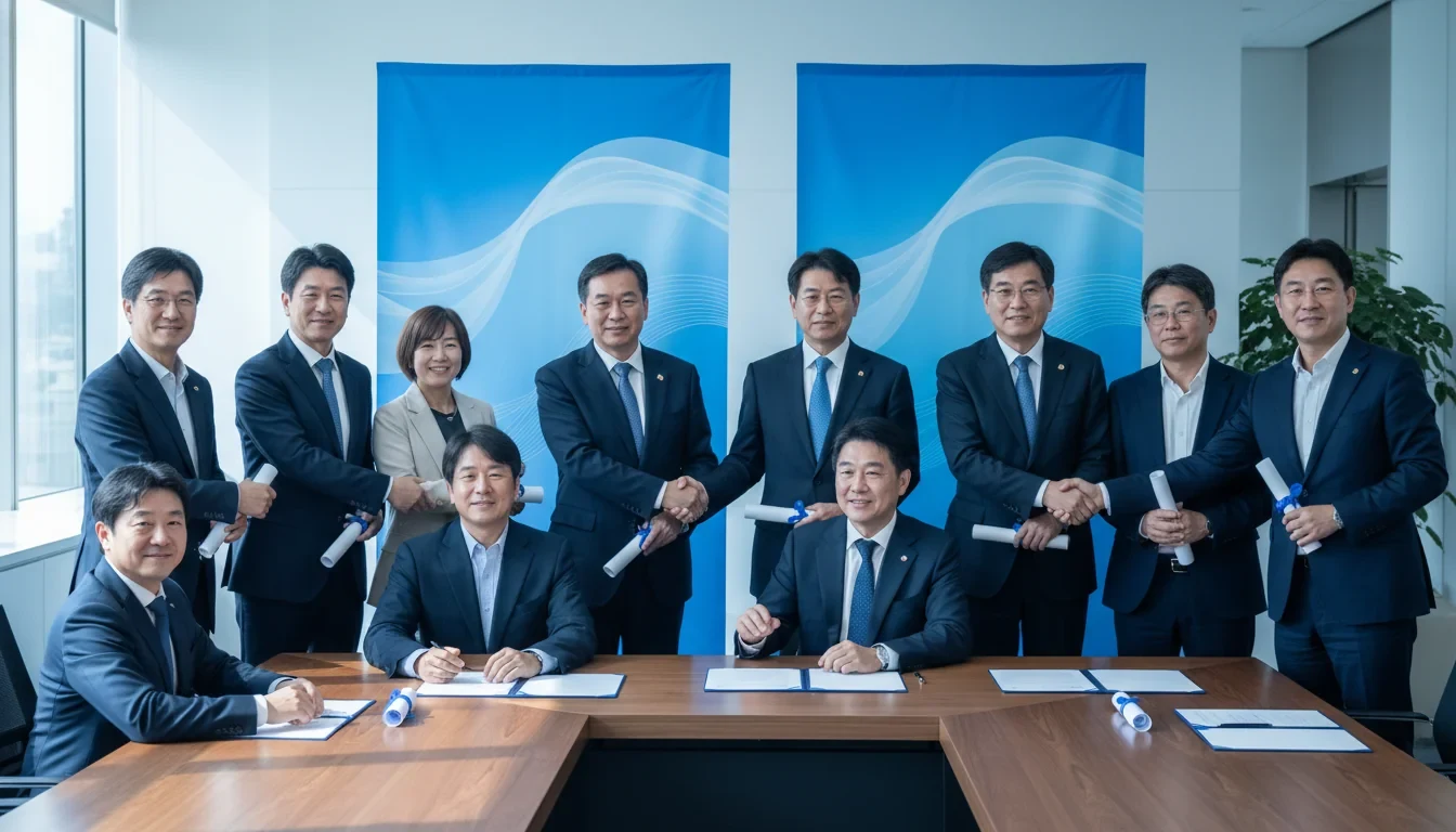 국무조정실과 5개 유통·캠핑장 협회 관계자들이 번개탄 유통환경 개선을 위한 생명존중 업무협약서에 서명하는 장면