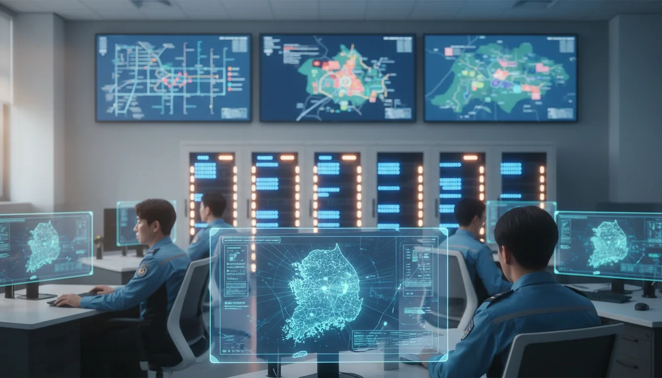 소방청 차세대 119 통합체계 착수보고회에서 AI·클라우드 기반 신고 분석 및 광역출동 체계를 설명하는 발표 장면