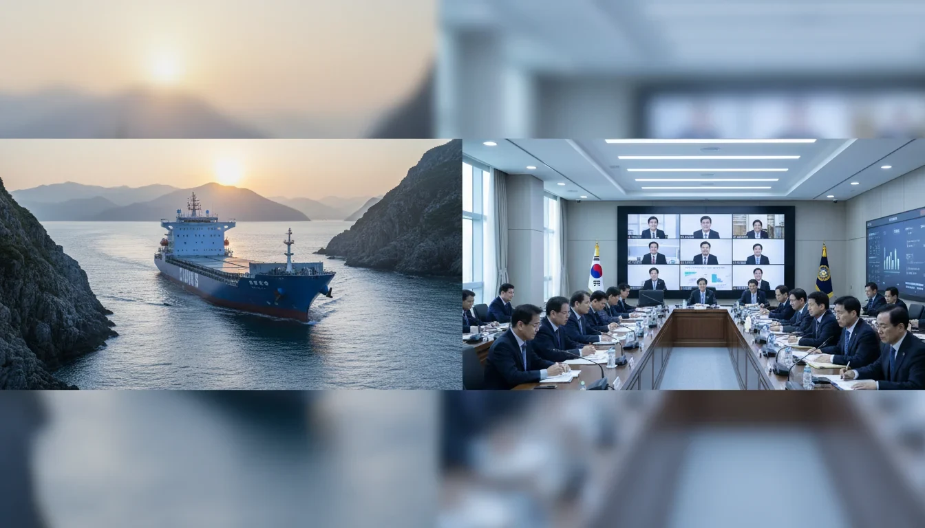 호르무즈 해협을 항해하는 한국 선박과 관계부처 합동 상황점검회의 장면