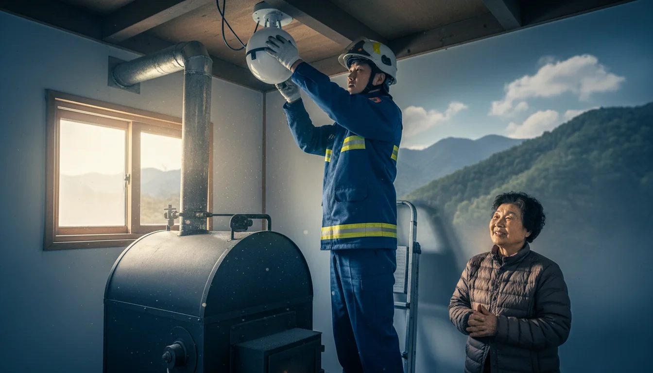 소방관이 산림 인접 주택의 화목보일러실 천장에 자동확산소화기를 설치하는 모습