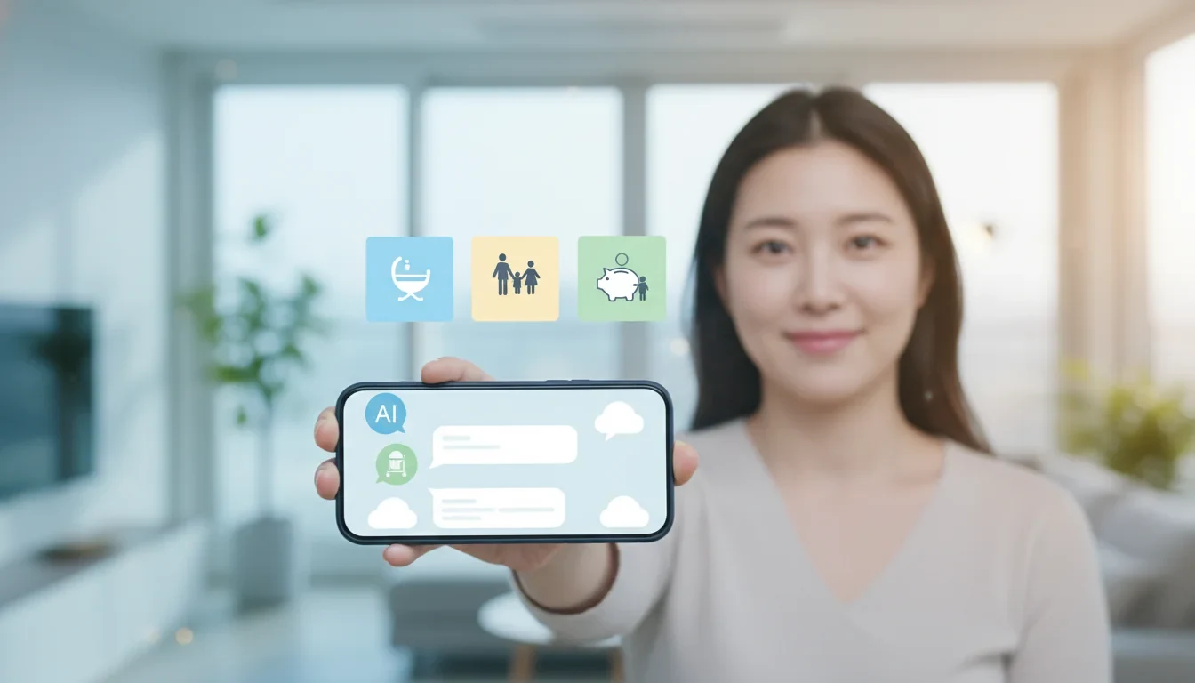 스마트폰 정부24+ 앱 대화창에서 육아 지원금 안내를 받는 부모의 모습