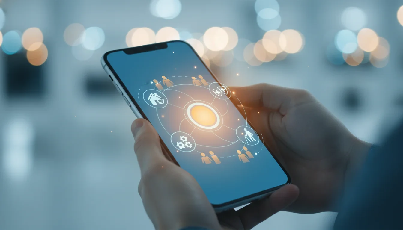 스마트폰 화면에 복지위기 알림 앱의 도움 요청 버튼이 표시되어 있고, 주변에 다양한 연령대의 사람들이 앱을 통해 복지 서비스를 연결받는 모습