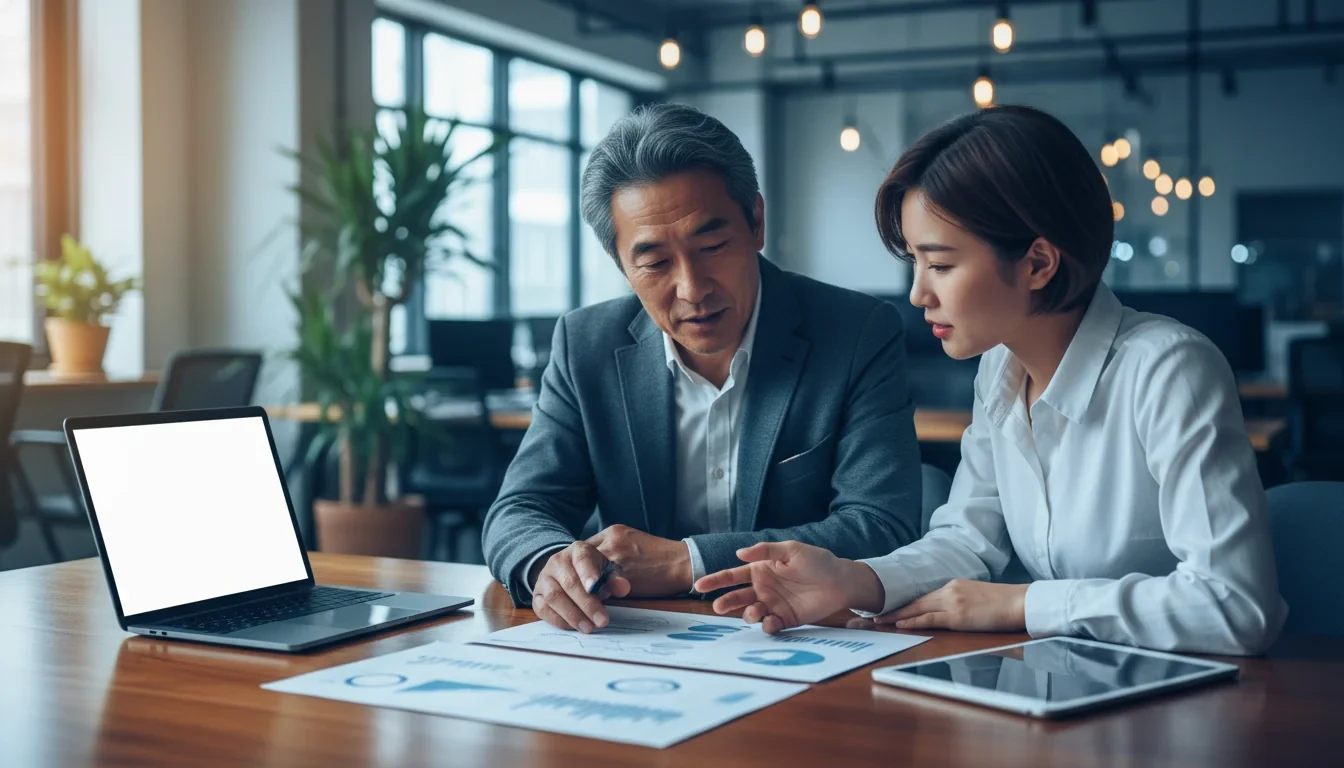 창업 선배가 초기 창업자에게 사업 전략을 멘토링하는 회의 장면