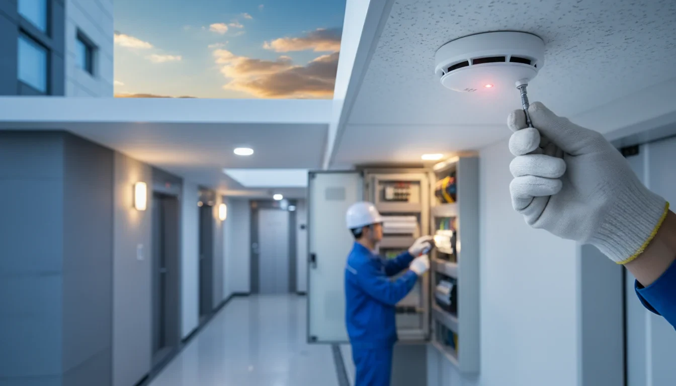 노후아파트 외벽에 설치된 단독경보형 연기감지기와 전기설비 안전점검을 진행하는 모습