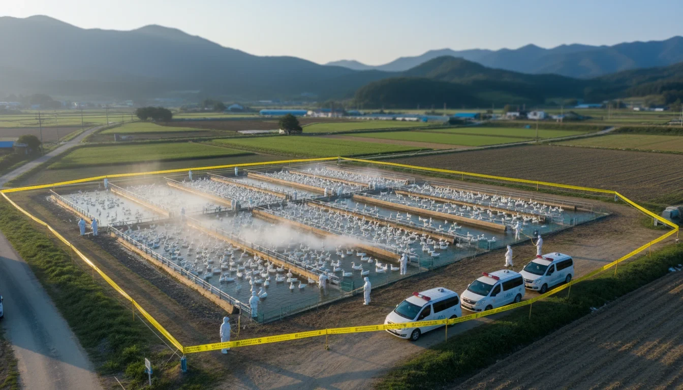 전남 무안 육용오리 농장에서 방역복을 입은 관계자들이 조류인플루엔자 방역 소독 작업을 실시하는 모습