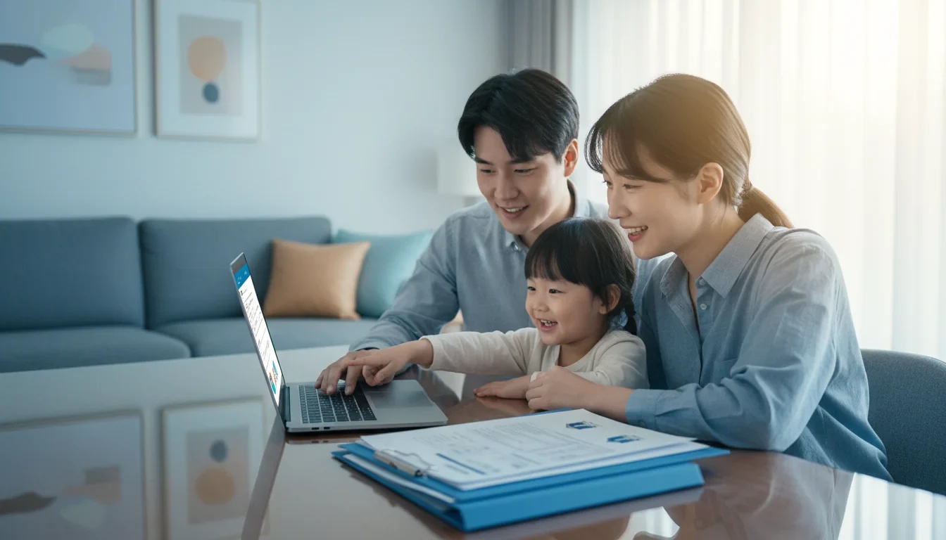 예비양부모가 컴퓨터 앞에서 온라인 입양 신청서를 작성하고 있는 모습