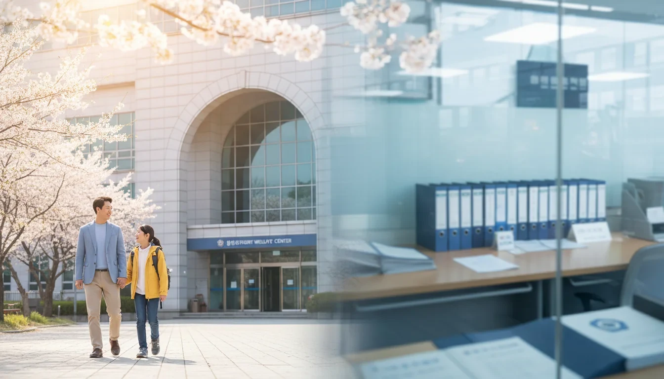 부모가 초등학생 자녀와 함께 아동수당 확대 안내문을 확인하는 모습