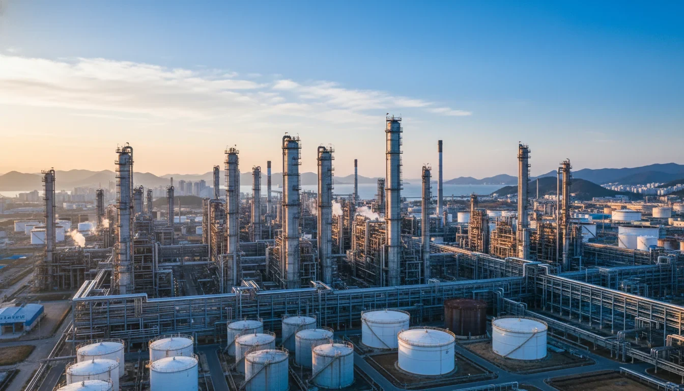 여수 석유화학 단지의 NCC 설비와 파이프라인이 보이는 산업 현장에서 고부가 가치 전환을 상징하는 첨단 화학 플랜트 조감도