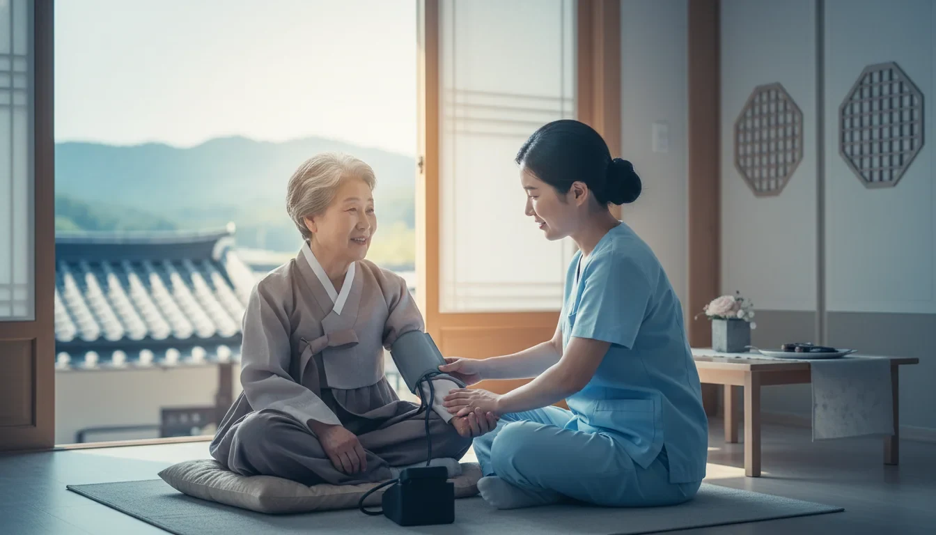 간호사가 거동이 불편한 어르신의 자택을 방문하여 혈압을 측정하며 건강 상태를 살피는 모습