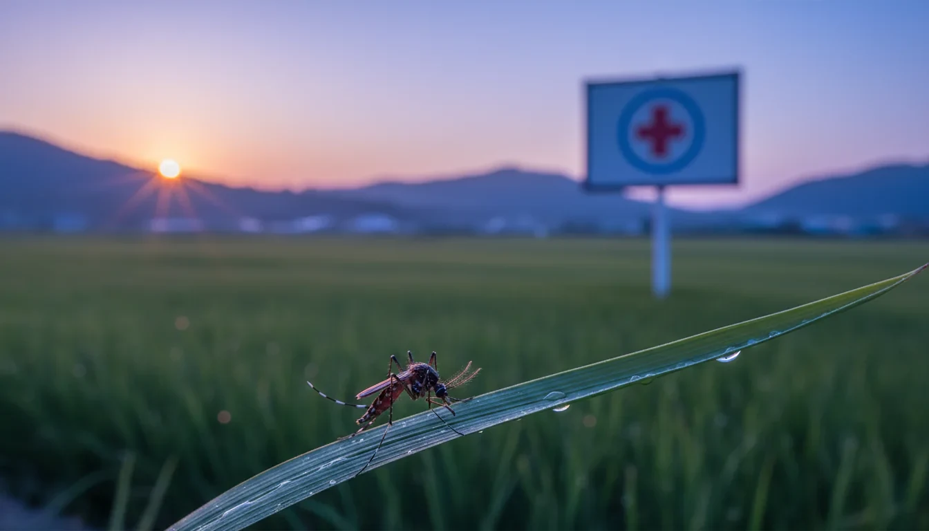 제주도 논 위를 날아다니는 작은빨간집모기와 일본뇌염 주의보 안내판이 보이는 장면