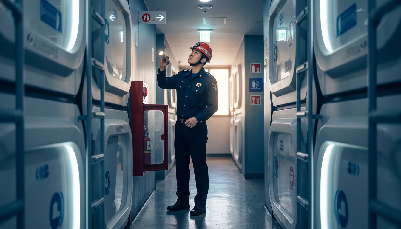 소방관이 서울 종로구 소규모 숙박시설 복도에서 비상구와 소화전 상태를 점검하는 현장 모습