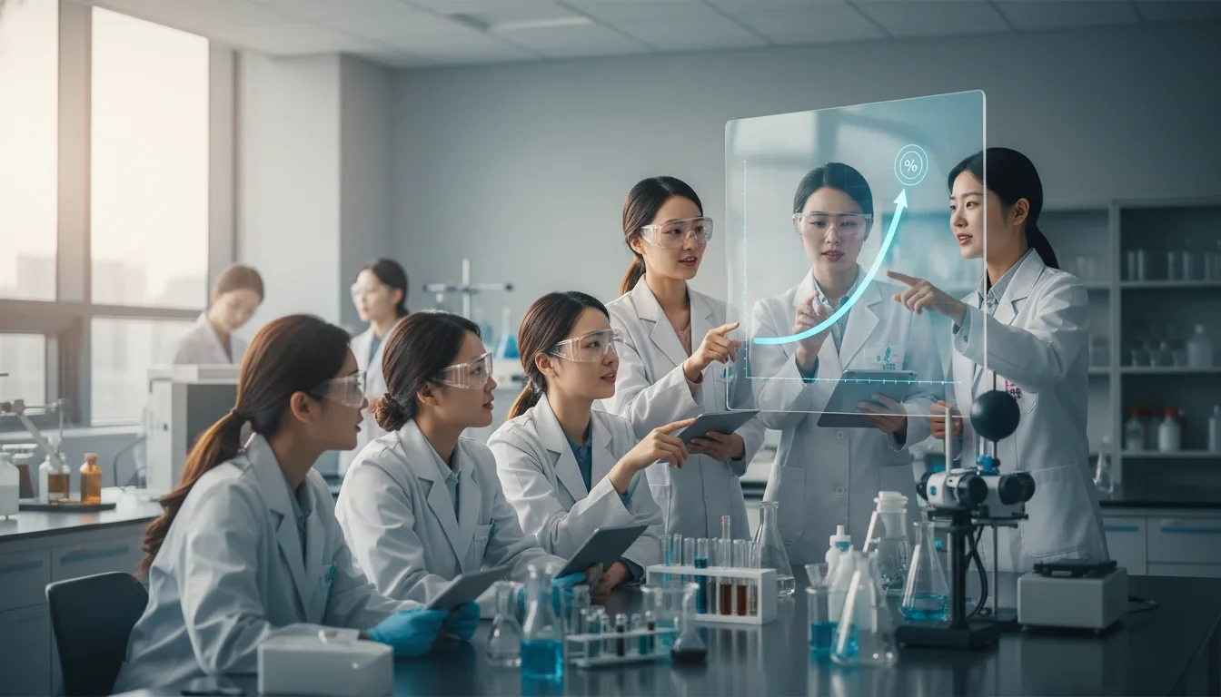 여성 과학기술인력이 연구실에서 활발히 근무하는 모습을 나타낸 채용 비율 확대 현황 그래픽