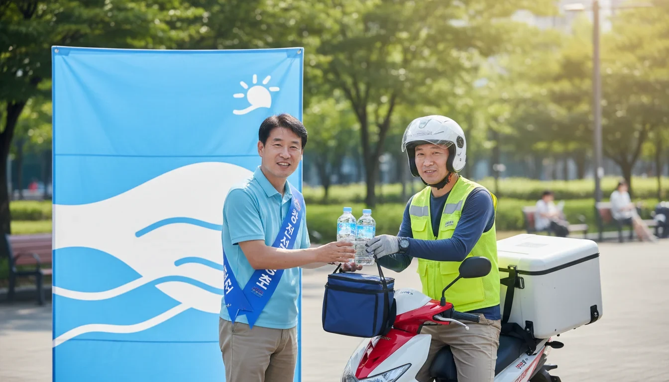 폭염 속 배달 라이더에게 생수와 쿨키트를 나눠주는 고용노동부 관계자들의 모습