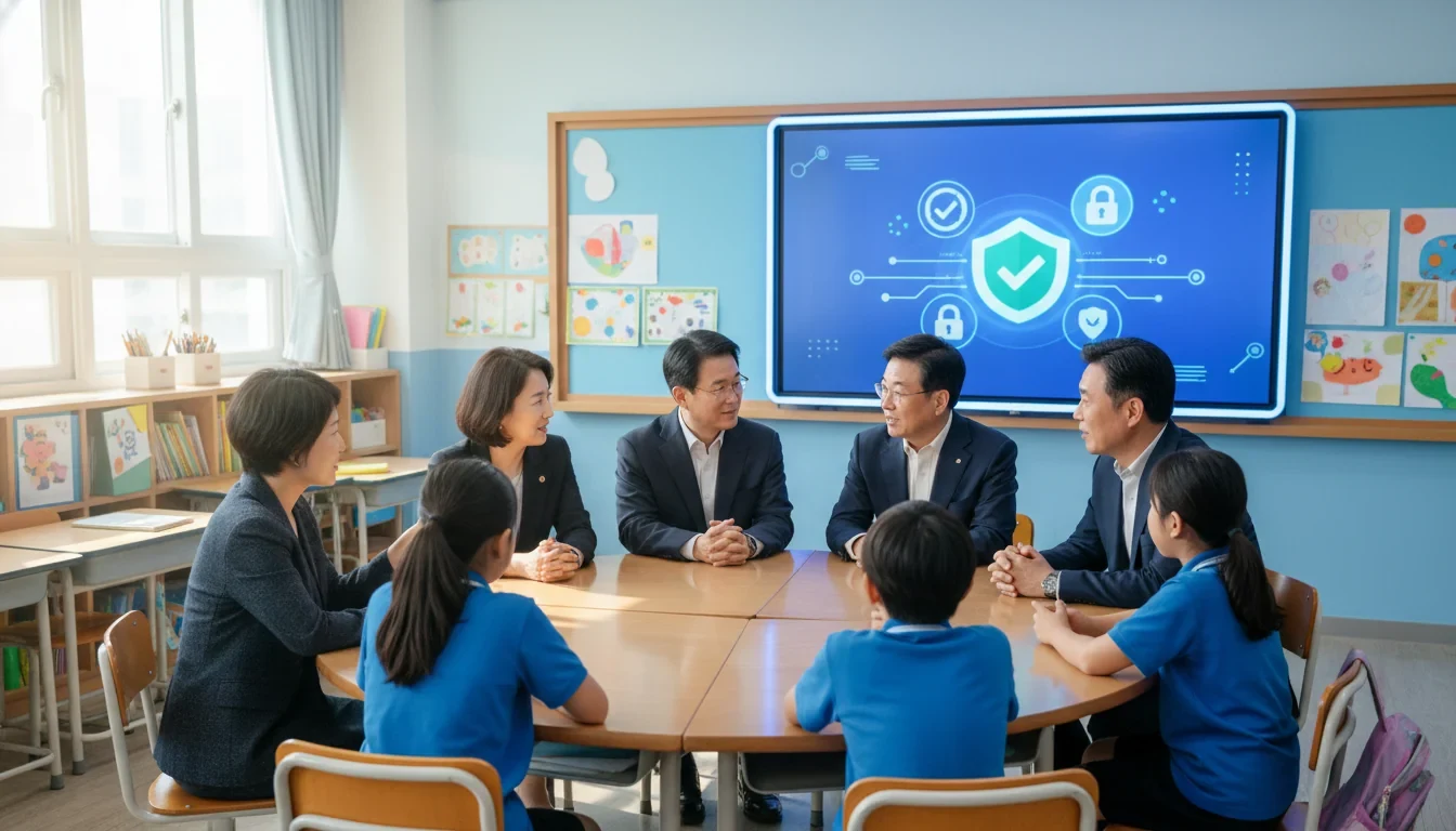 서울마포초등학교 교실에서 개인정보보호위원회 위원장과 초등학생들이 함께 개인정보 보호에 대해 의견을 나누는 간담회 현장