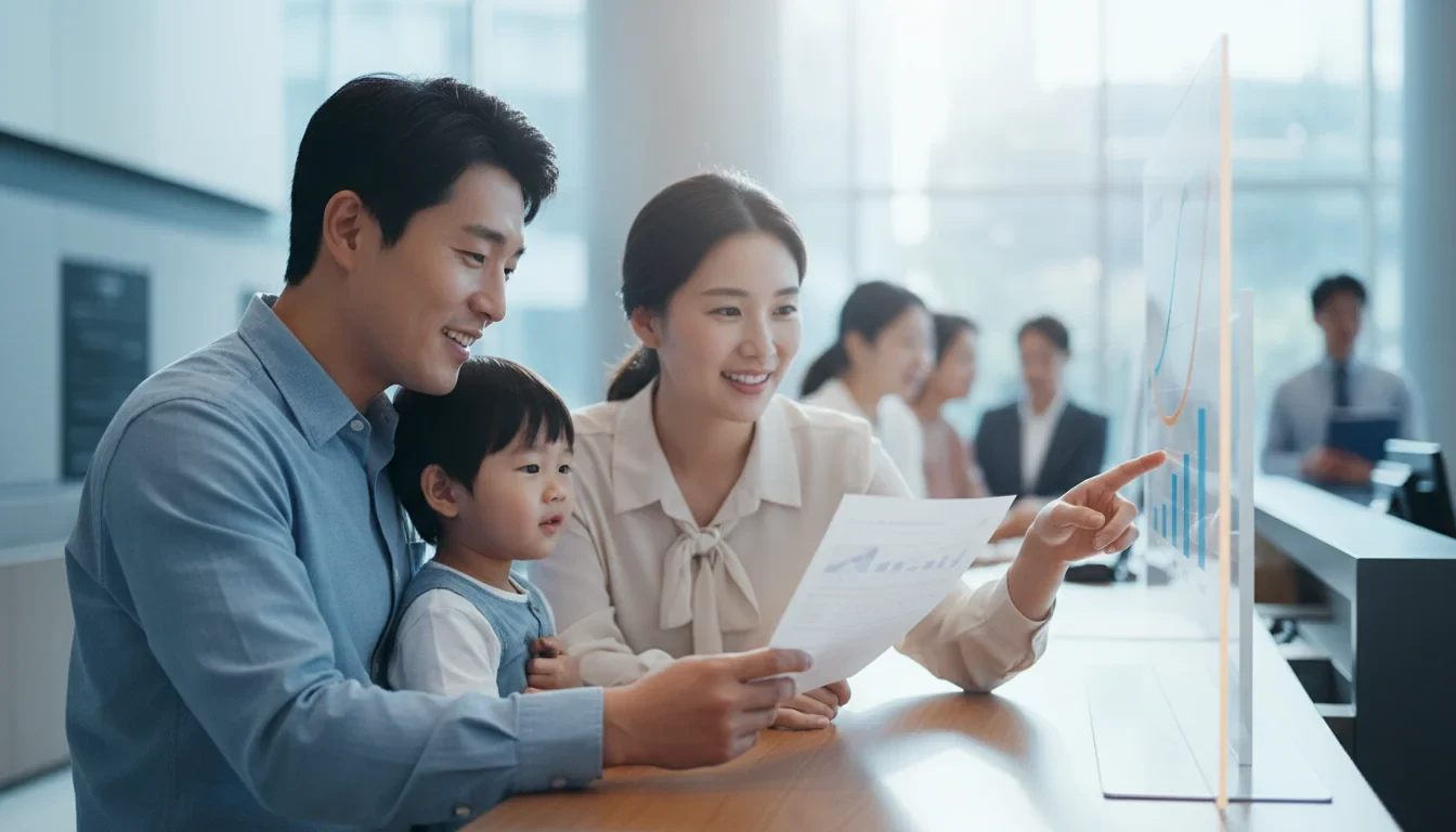 근로복지공단 생활안정자금 이차보전 융자 안내서를 살펴보는 노동자 가족의 모습