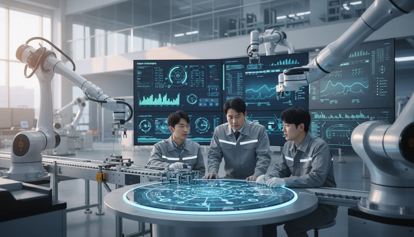 KAIST 실증랩에서 로봇과 센서가 연동된 피지컬 AI 통합 스마트팩토리 플랫폼이 가동되는 모습