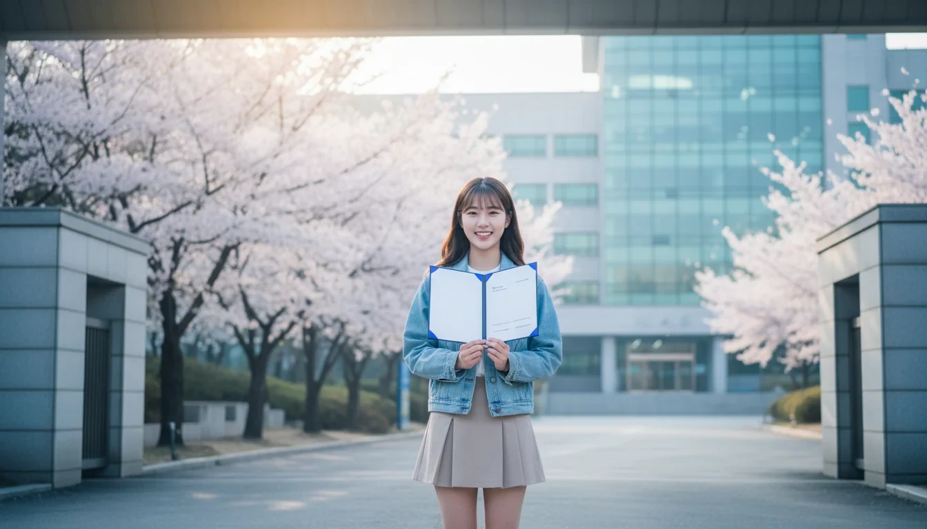 재외동포 청년이 한국 대학 캠퍼스에서 입학 서류를 들고 밝게 웃고 있는 모습